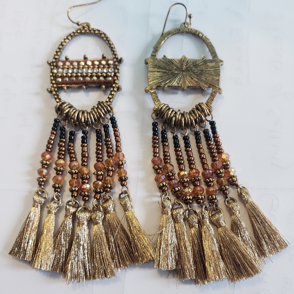 BRONZE & GOLDEN BEADED TASSEL FAUX RHINESTONE BOHO CHIC BOHEMIAN FESTIVAL EARRIN - Picture 6 of 13